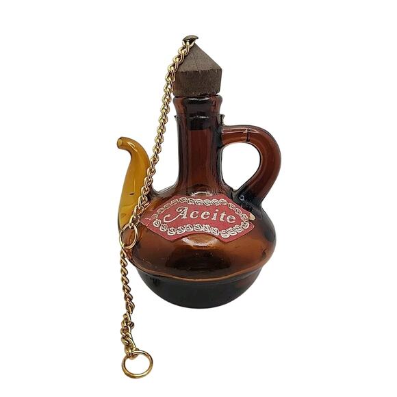 Vintage Aceite Miniature Amber Glass Pitcher Cork Stopper Gold Tone Chain Retro - Picture 1 of 10